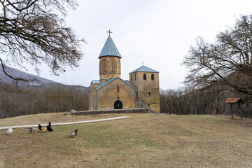Courtyard of 40 Sebastian monastery. Church and tower. Chickens and ducks graze on the grass. Faded grass and sky.