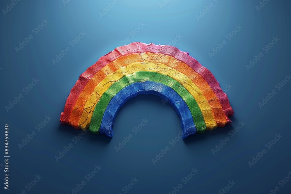 Poster minimalistic rainbow arch isolated on a blue background, clean design symbolizing unity and diversit