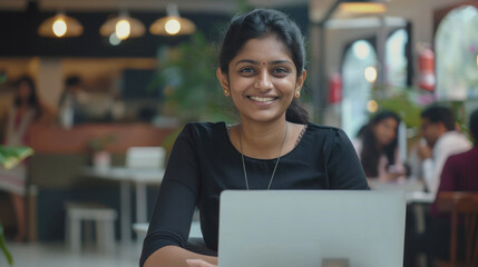 young indian female student using laptop