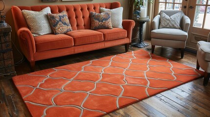 A vibrant orange area rug with a bold, geometric pattern, providing a striking visual anchor for the room and complementing the surrounding furniture.