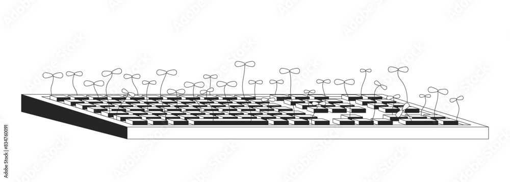 Aufkleber computer keyboard with plant sprouts black and white 2d illustration concept. data input device with
