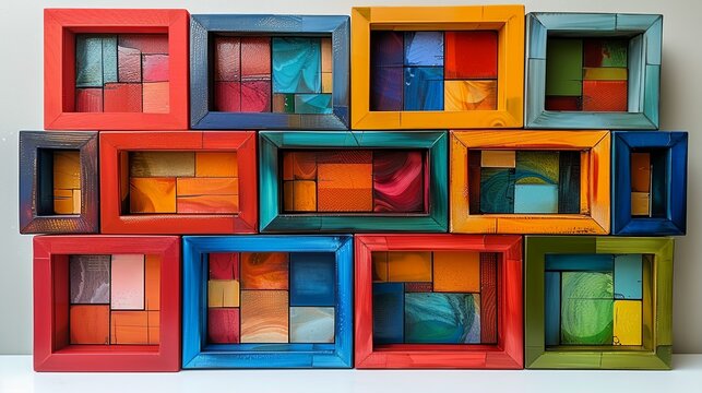 A series of small, brightly colored picture frames arranged in a gallery wall style, each frame holding a different piece of modern, abstract art.