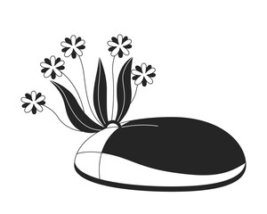 Computer mouse with growing flowers black and white 2D illustration concept. Vintage device with fresh plants cartoon items isolated on white. Lofi atmosphere metaphor monochrome vector art