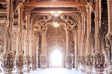 Beautiful carved wooden designs in the temple hall, Sanctuary Of Truth, Pattaya, Thailand