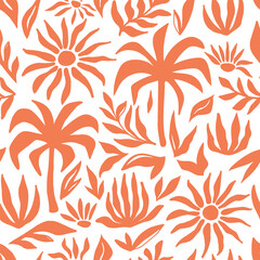 Abstract organic shapes seamless pattern. Background with tropical exotic monstera, palm leaves and flowers. Hand drawn minimal art. Surface cover design. Fabric textile print.