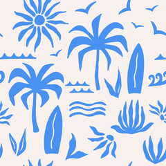 Abstract tropical seamless pattern with palm leaves, surfboard and sun. Hand drawn minimal art background. Surface cover design. Fabric textile print.