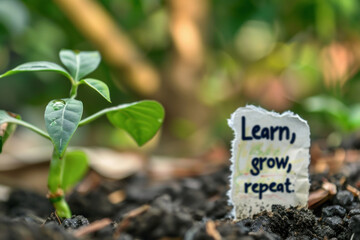 Seedling with Motivational Note "Learn, Grow, Repeat"