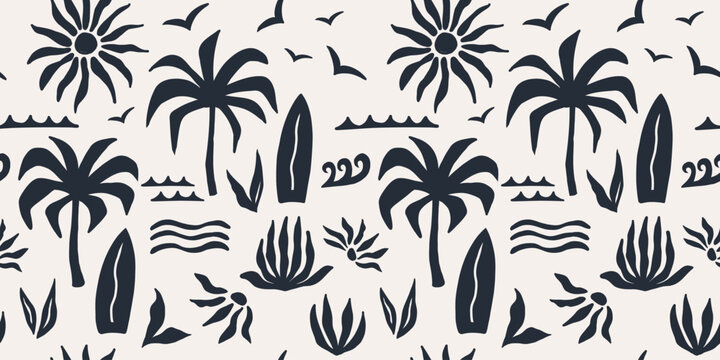 Abstract tropical seamless pattern with palm leaves, surfboard, wave and sun. Hand drawn minimal art background. Surface cover design. Fabric textile print.