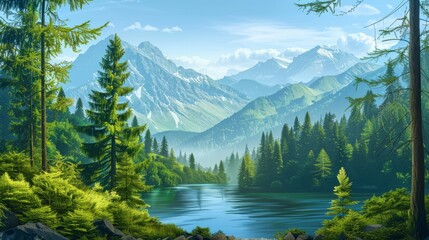 Beautiful landscape view of green summer forest with spruce and pine trees mountain, lake, river. 