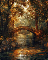 a river in a forest with a bridge, in the style of i can't believe how beautiful this is, scottish landscapes, environmental awareness, dark amber and amber, pont-aven school, enchanting realms, natur