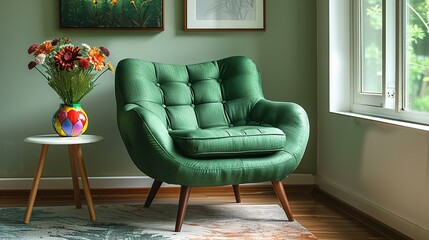 A green accent chair with a plush cushion and wooden legs, positioned beside a small, white side table holding a colorful vase of fresh flowers.