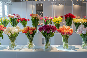 Luxury botanical store. Tulip bouquets is standing in vases on the shelves in flower shop. Professional service, fresh flowers for romantic atmosphere in the plant small business. Gardening job