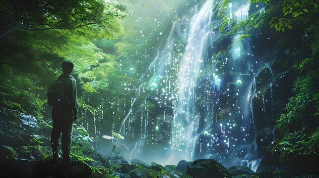 Hiker Observes Digitally Enhanced Waterfall with Holographic Ecosystem Information in Lush Forest Landscape - Powered by Adobe