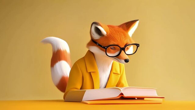 a fox wearing glasses, deeply engrossed in reading a book, set against a vibrant yellow background.