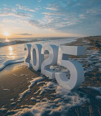 Happy New Year 2025, 2025 numbers on the beach, generative ai art