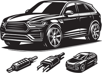 Obraz premium Sports car silhouette Old Cars black car Sketch illustration on white background 
