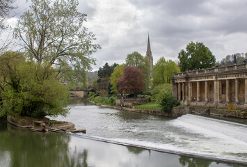 The Pulteney Weir on the River Avon overlooked by The Colonaddes in the beautiful City of Bath in Somersel England