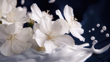 A close-up of delicate white jasmine flowers with a dynamic milk splash, set against a deep navy blue background, emphasizing the contrast and purity of the flowers.
