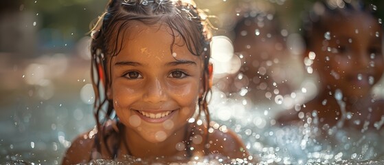 Obraz premium Kids splashing in a water park or pool, having a great time. 