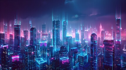 Obraz premium Dazzling Cityscape with Neon Lit Holographic Landmarks and Interactive Data Streams