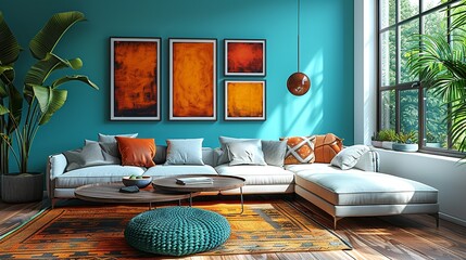 A turquoise accent wall adorned with a variety of colorful, modern art pieces, creating a vibrant...