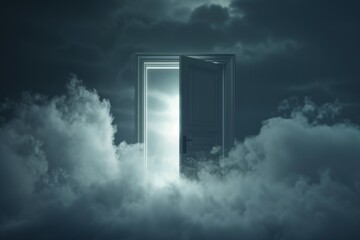 Open door emitting light possibilities growth achievements concept motivation learning skills knowledge heaven doors exit abstract simple background new ways entering leaving space imagination