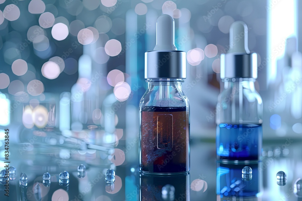 Poster two glass dropper bottles with serums are shown in close-up on a reflective surface in a laboratory 
