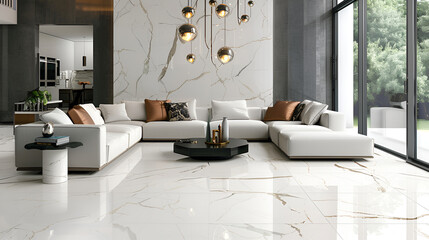 The living room with a marble theme looks clean and comfortable decor inspiration ideas,Close up Marble tiles, subway tile Carrara marble wall background generated,Modern interior design of living 

