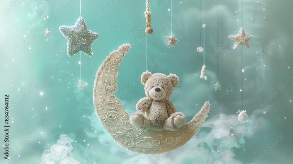 Wall mural a teddy bear lying on a bed of clouds, with a large, illuminated moon and sparkling golden stars in 