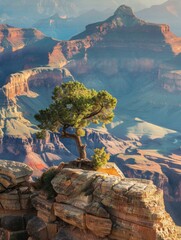 Solitary Tree on Rocky Cliff in Grand Canyon at Sunset Curved Canyon Layers, Majestic Landscape, USA Travel Destination