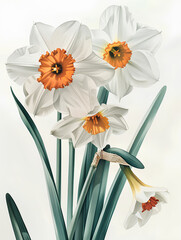 Paint Watercolor Illustrate the elegant narcissus flowers with their white petals and contrasting yellow or orange centers. Use a soft, gentle approach to reflect their delicate beauty