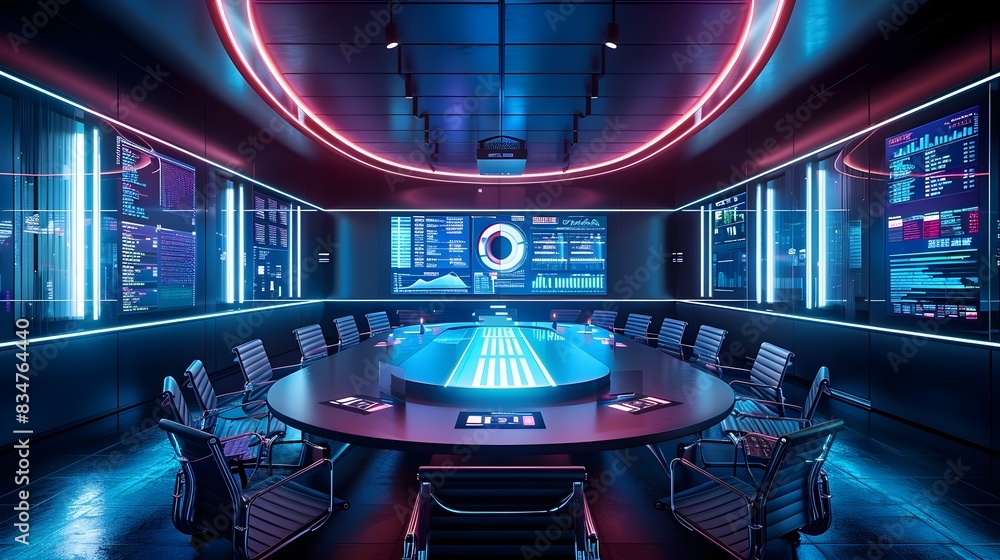 Aufkleber cutting edge futuristic business meeting room with dynamic digital displays and augmented reality in