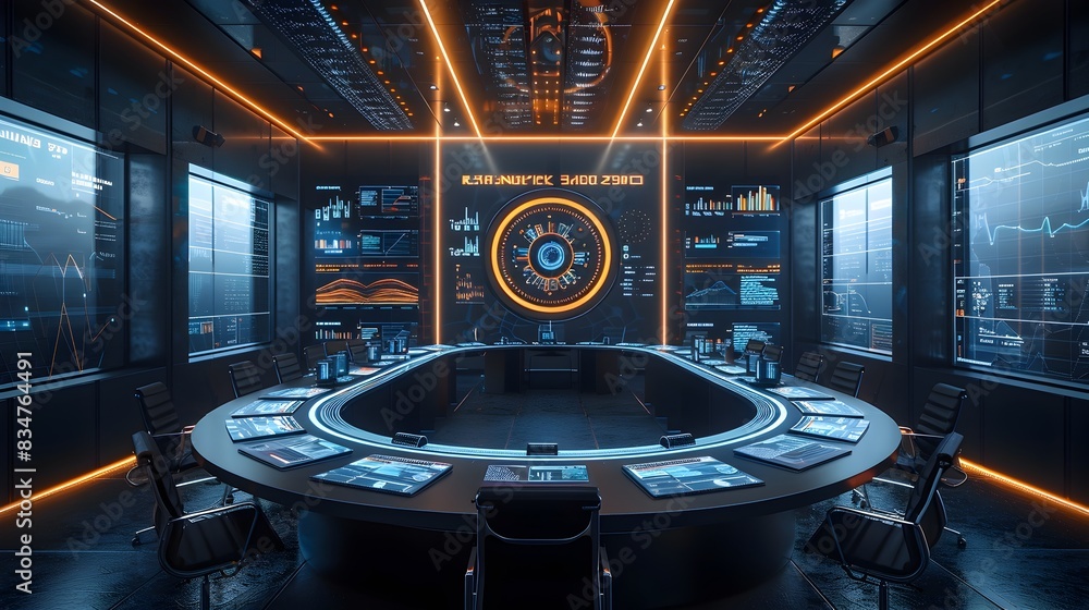 Aufkleber cutting edge futuristic business meeting room with advanced augmented reality interfaces and dynamic