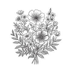 Wildlower bouquet vector. Wildflower line art bouquets. Hand drawn flower. wild plant, botanical vector illustration