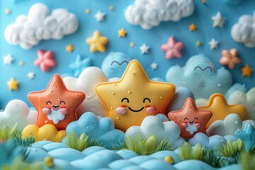 Obraz premium Funny Independence Day Cartoon American Flag Stars Sing Anthem in Minimal 3D Style