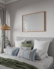 mockup frame bedroom cozy modern home interior, bed empty headboard white wall background. room 3D rendering