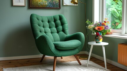A green accent chair with a plush cushion and wooden legs, positioned beside a small, white side table holding a colorful vase of fresh flowers.