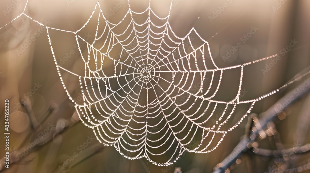 Poster a dewy spider web at dawn symbolizes the fragile, resilient connections in life's intricate web.