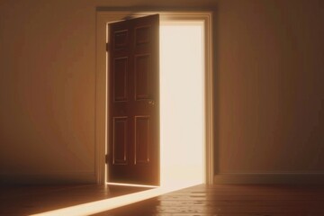 Open door emitting light possibilities growth achievements concept motivation learning skills knowledge heaven doors exit abstract simple background new ways entering leaving space imagination