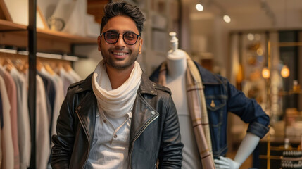 young Indian man standing at clothes shop
