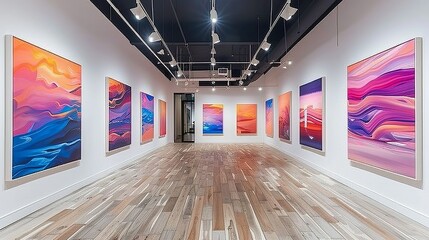 A series of colorful, abstract art pieces arranged in a gallery wall style on a white accent wall, adding a touch of vibrancy and modern art to the space.