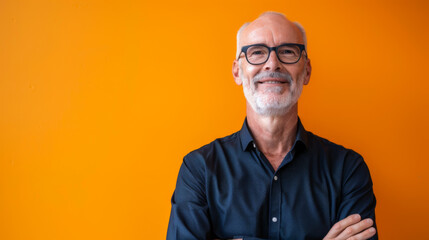 Obraz premium Portrait of a handsome man in a stylish suit against the background of an orange wall. An adult man poses against a bright background indoors.
