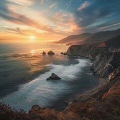 Fototapeta premium Dramatic Coastal Sunset Over Rugged California Coastline Perfect for Posters, Travel Brochures, and Websites