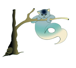 Mermaid kitten with a curved fish tail. A cute smiling white-blue relaxed cat hanging with its front paws on a long tree branch. Isolated cartoon digital illustration. Character for a children's book.