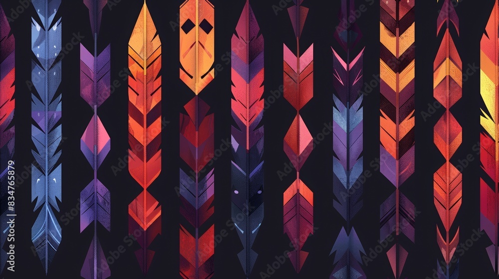 Poster colorful, abstract feathers and geometric shapes on a dark background, creating a vibrant and dynami
