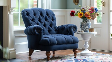 A navy blue accent chair with a tufted backrest and wooden legs, positioned beside a white side table holding a colorful vase of fresh flowers.