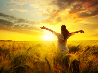 Person with outstretched arms in a wheat field at sunset, evoking freedom and happiness, against a vivid sky background. Generative AI