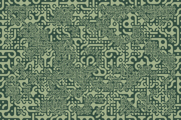 Seamless green spotted pattern with circles and lines. Maze like background. Truchet pattern. Modern design illustration