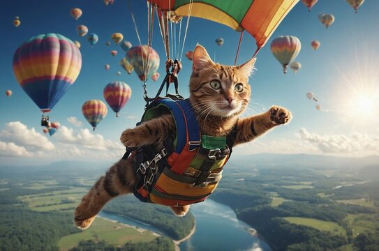 Fantasy image of a cat's skydiving adventure