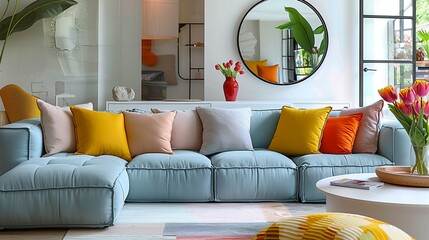 A light blue modular sofa with clean lines and colorful throw pillows in yellow, pink, and orange. The sofa sits against a white wall with a round mirror and a white coffee table with a red vase of